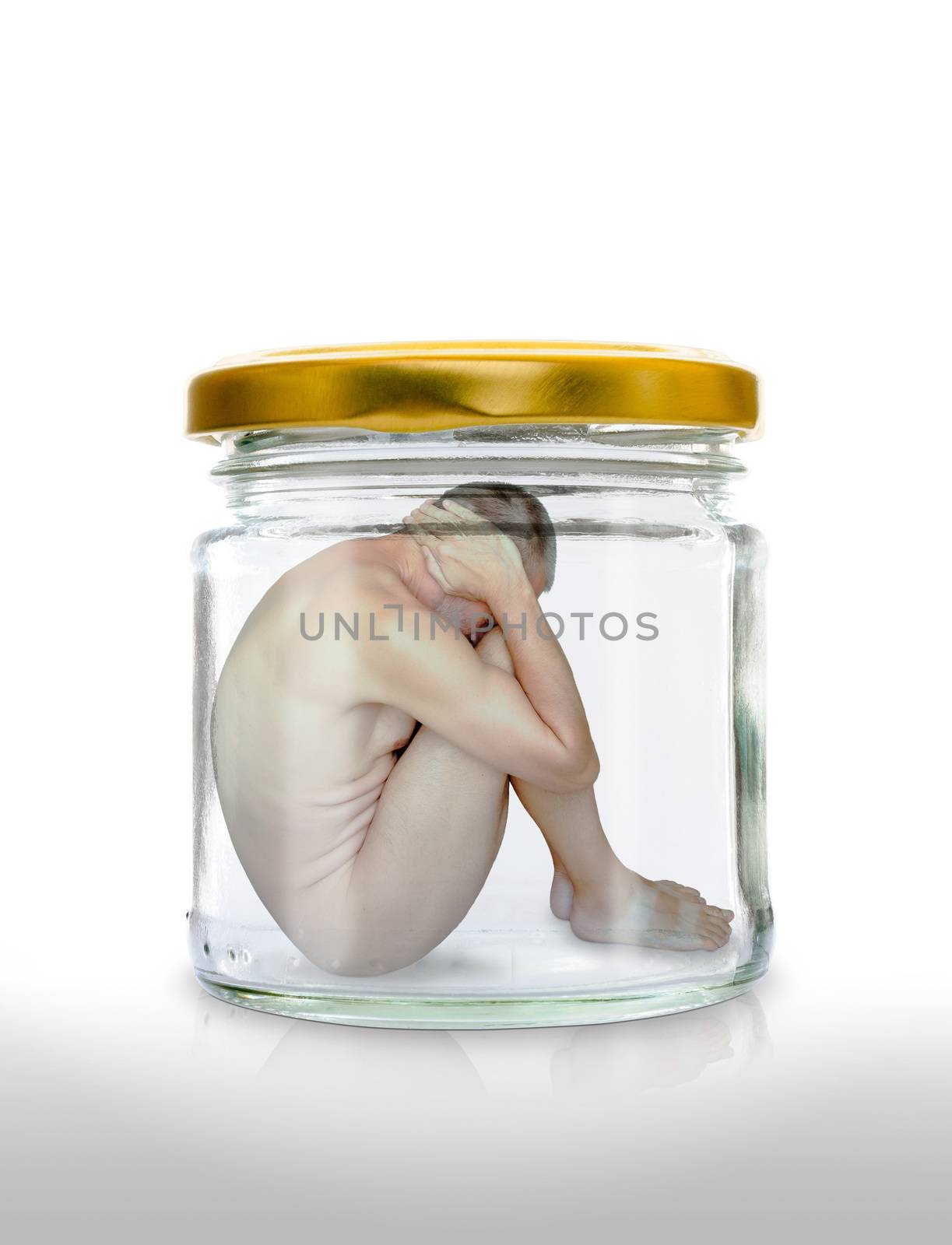 A man trapped in a glass jar  with the closed gold color lid