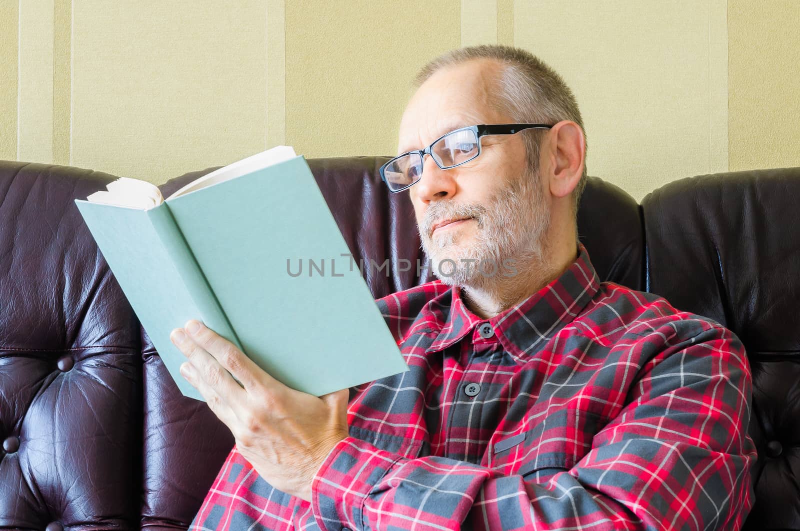 A senior man with beard and spectacles, sitting on the sofa and reading a book