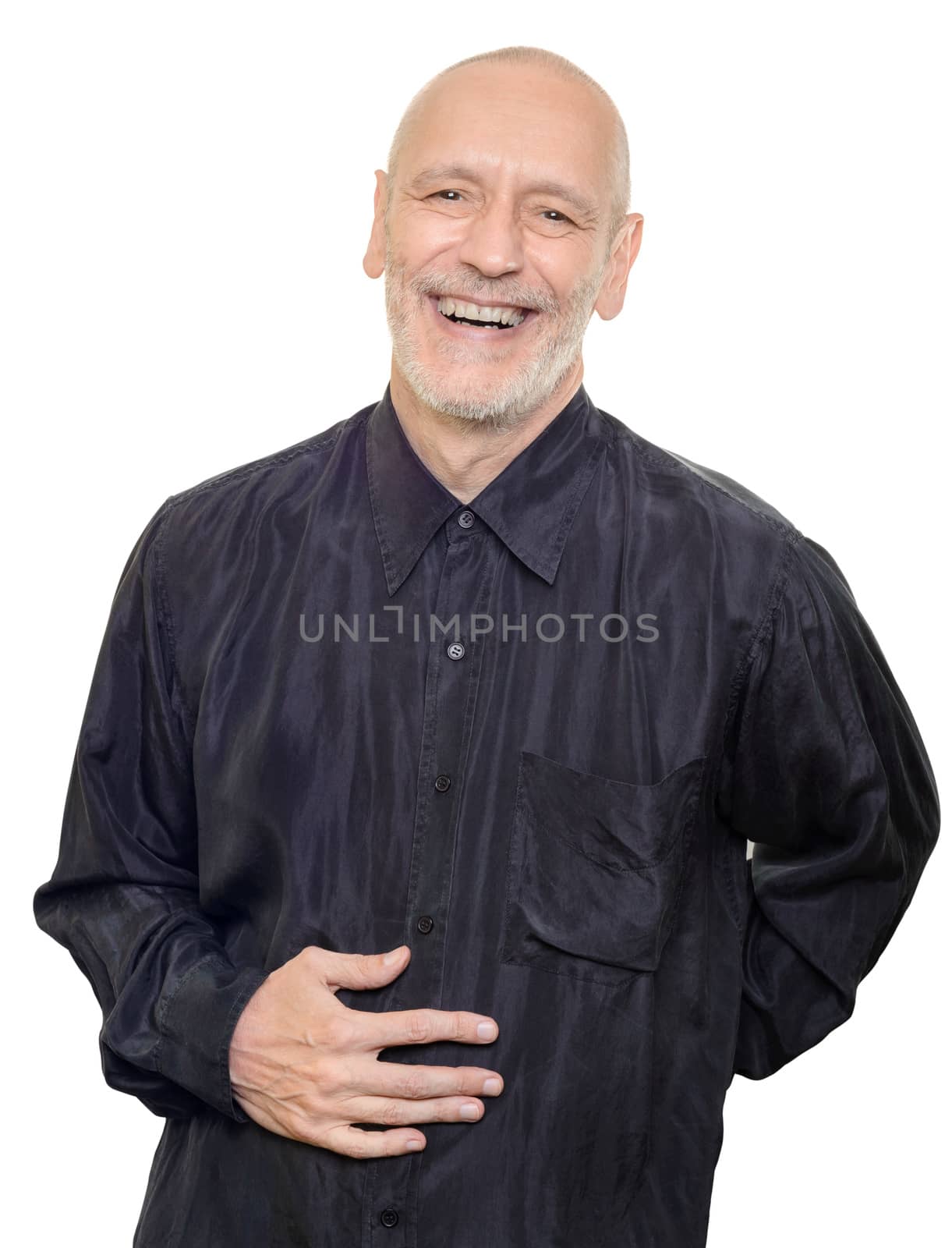 Man with black silk shirt laughing out loud, isolated on white background