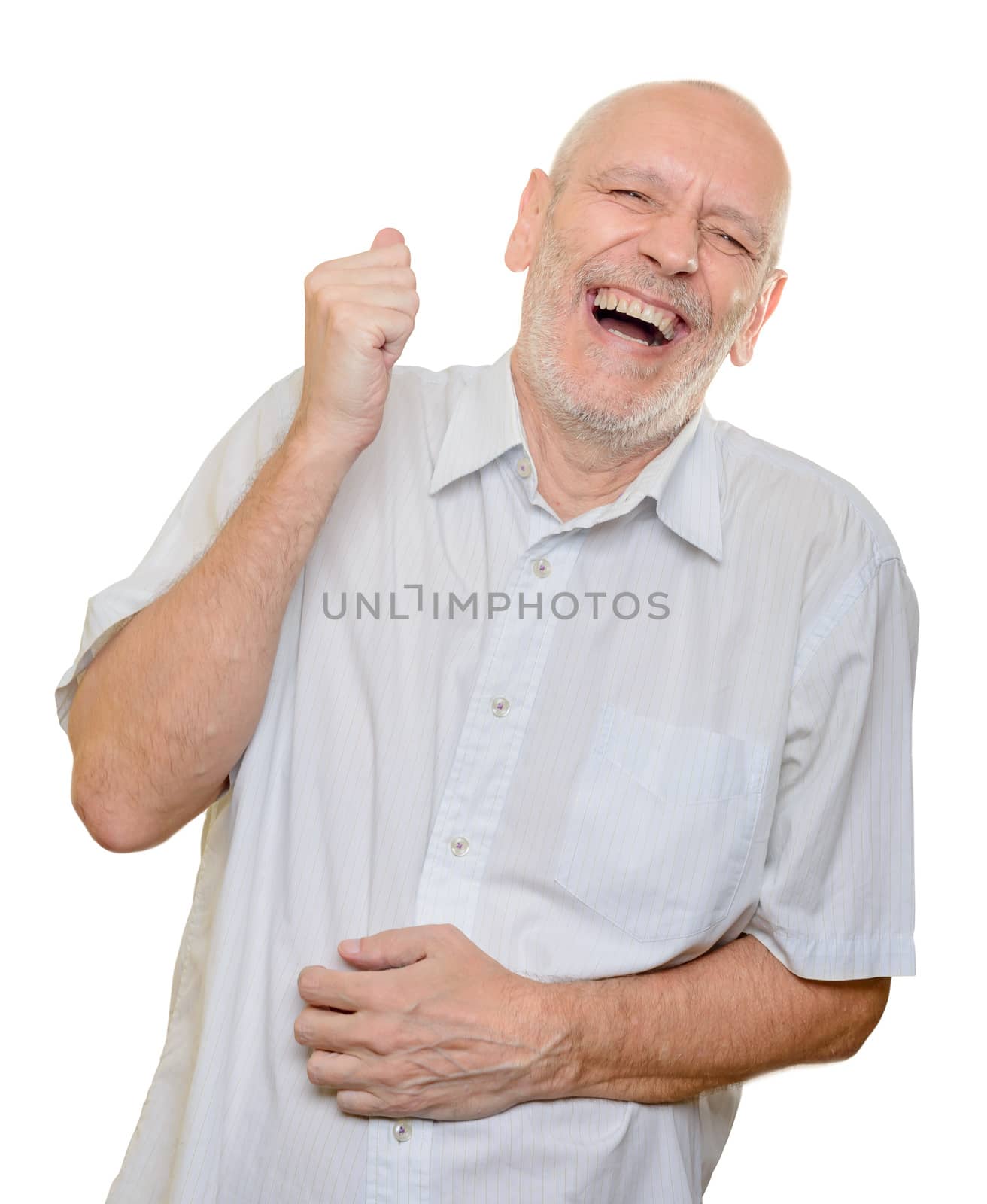 Man with light cotton shirt laughing out loud, isolated on white background