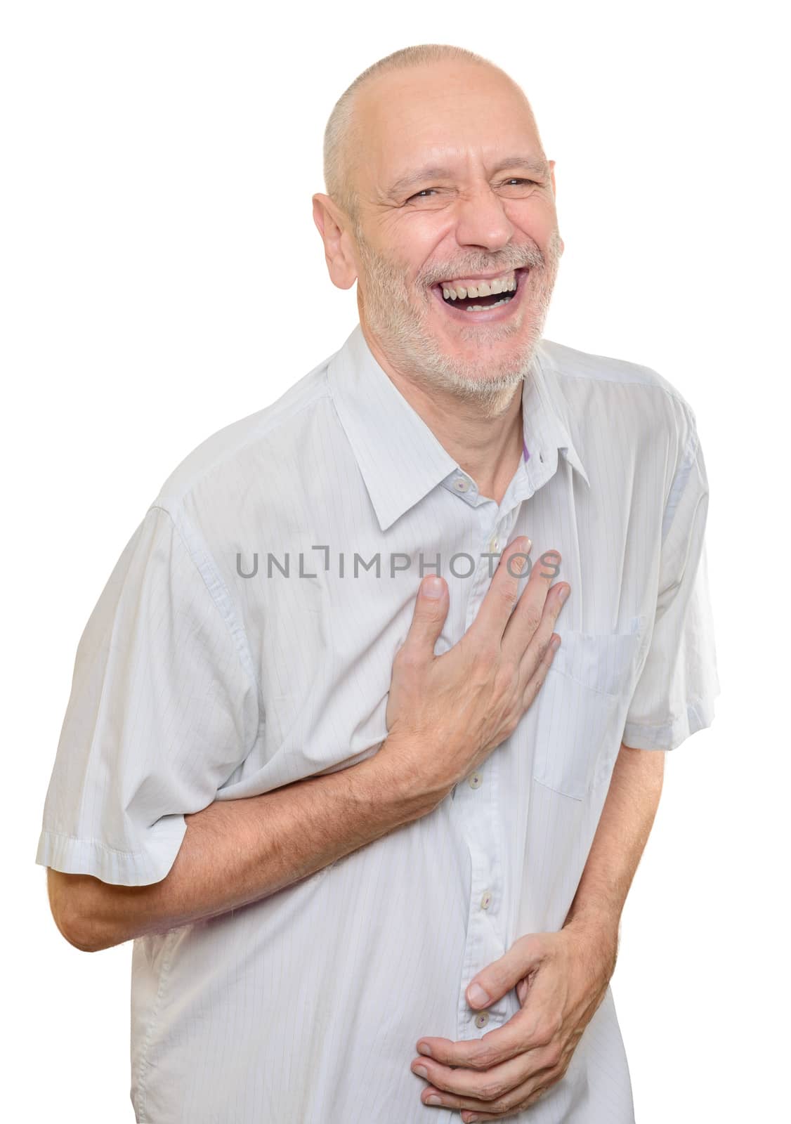 Man with light cotton shirt laughing out loud, isolated on white background