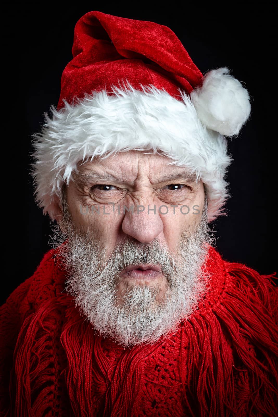 Portrait of an adult man with white beard disguised in Santa Claus for the Christmas Holiday