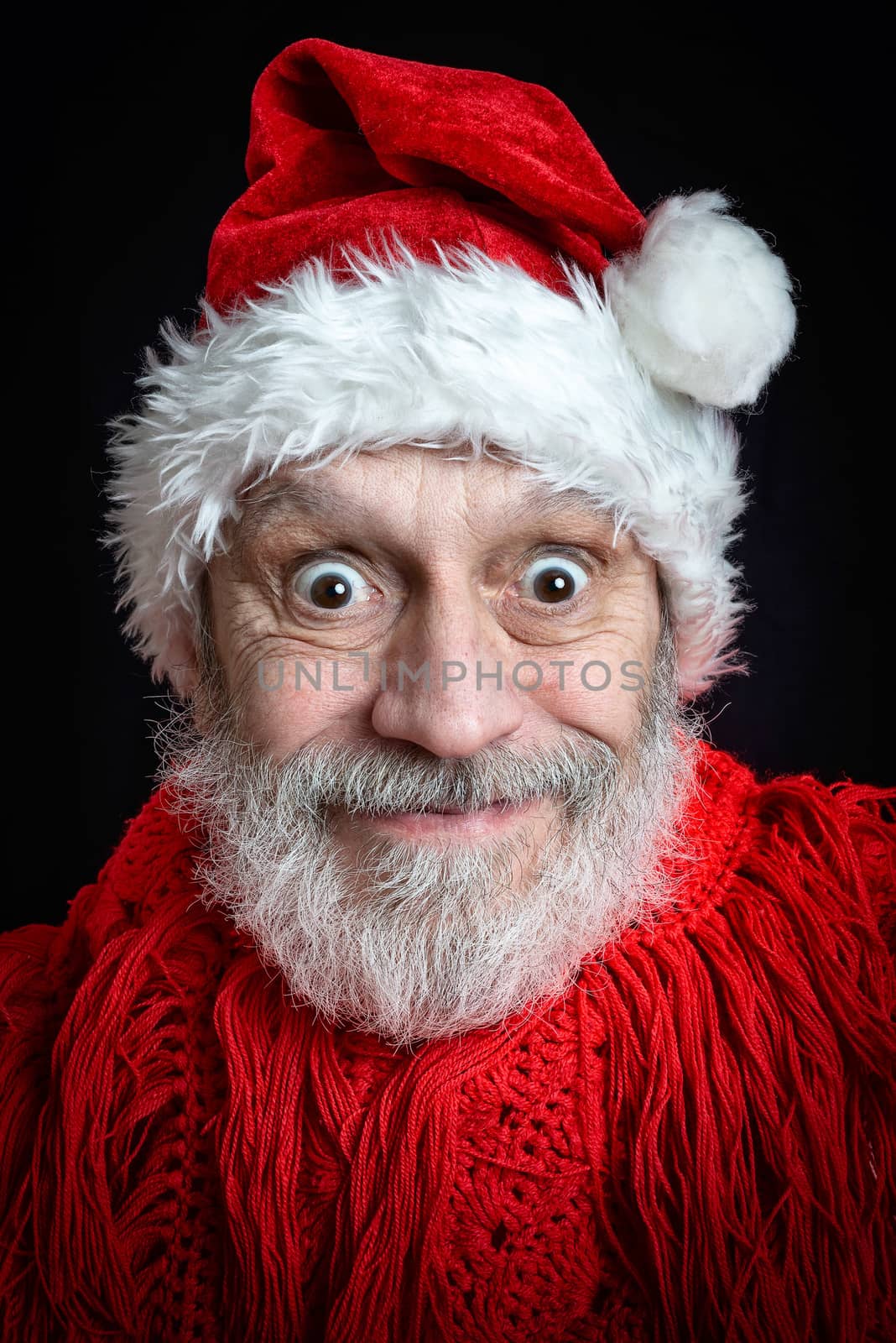 Portrait of an adult man with white beard disguised in Santa Claus for the Christmas Holiday