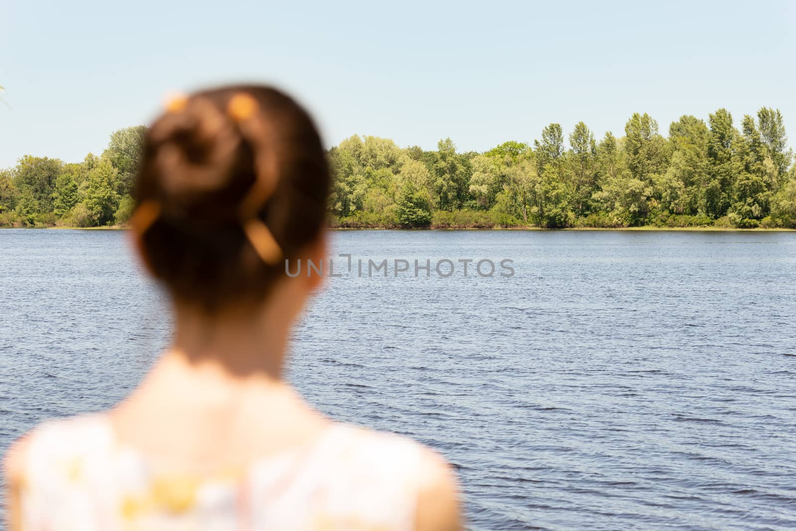 A woman with a chignon, standing up close to the Dnieper river in Kiev, Ukraine, observes the trees in the distance. The silhouette of the lady is out of focus, against a focused background.
