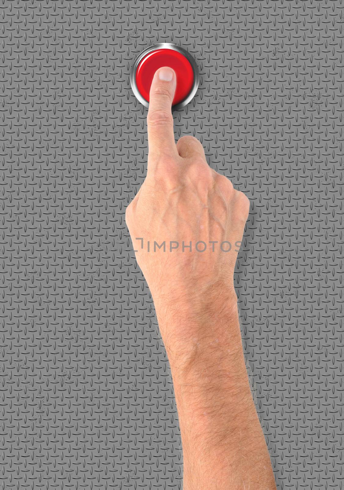 A man pushing a big red start stop alarm button with the finger