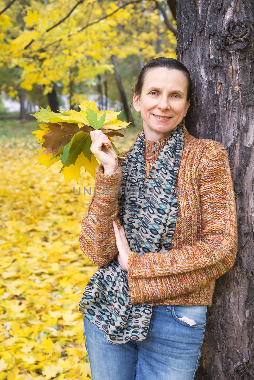 A smiling adult caucasian woman is picking yellow maple leaves in autumn in the park