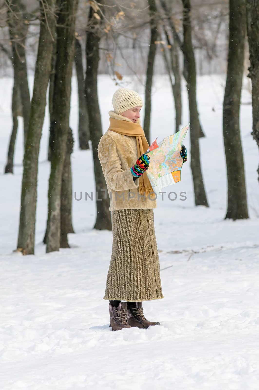 A woman lost in the forest in winter