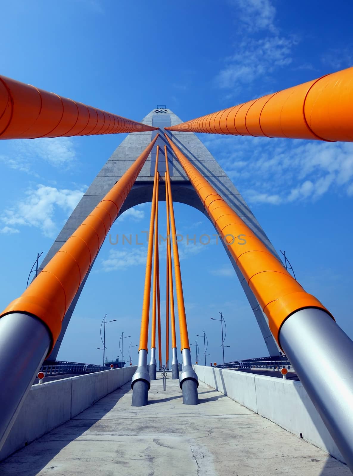 A modern single tower cable stayed bridge with massive steel cables