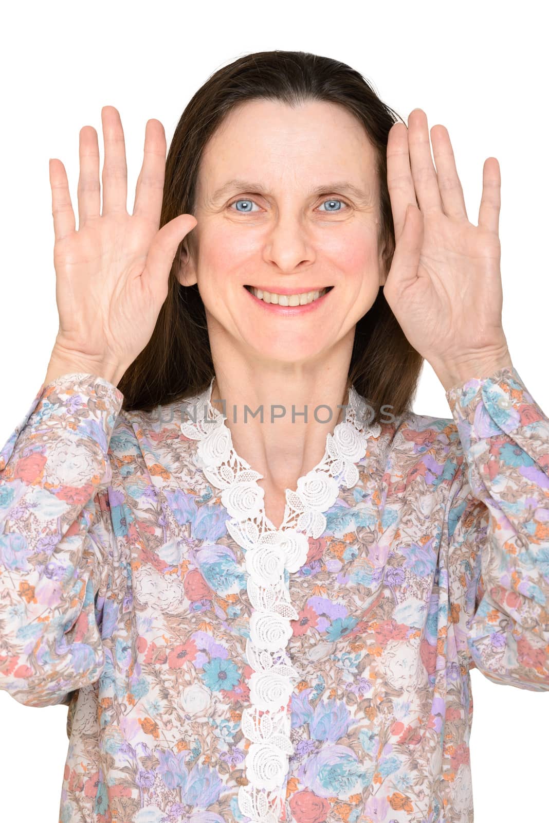 Smiling woman with open blue eyes and open hands up showing the palms close to the face