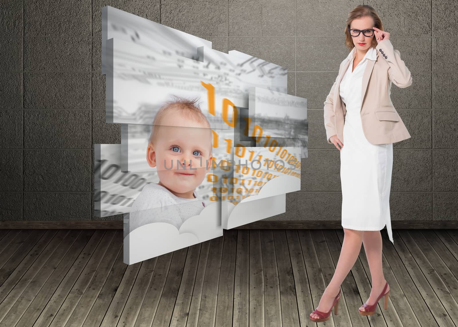 Severe pretty businesswoman looking at camera against dark room with floorboards