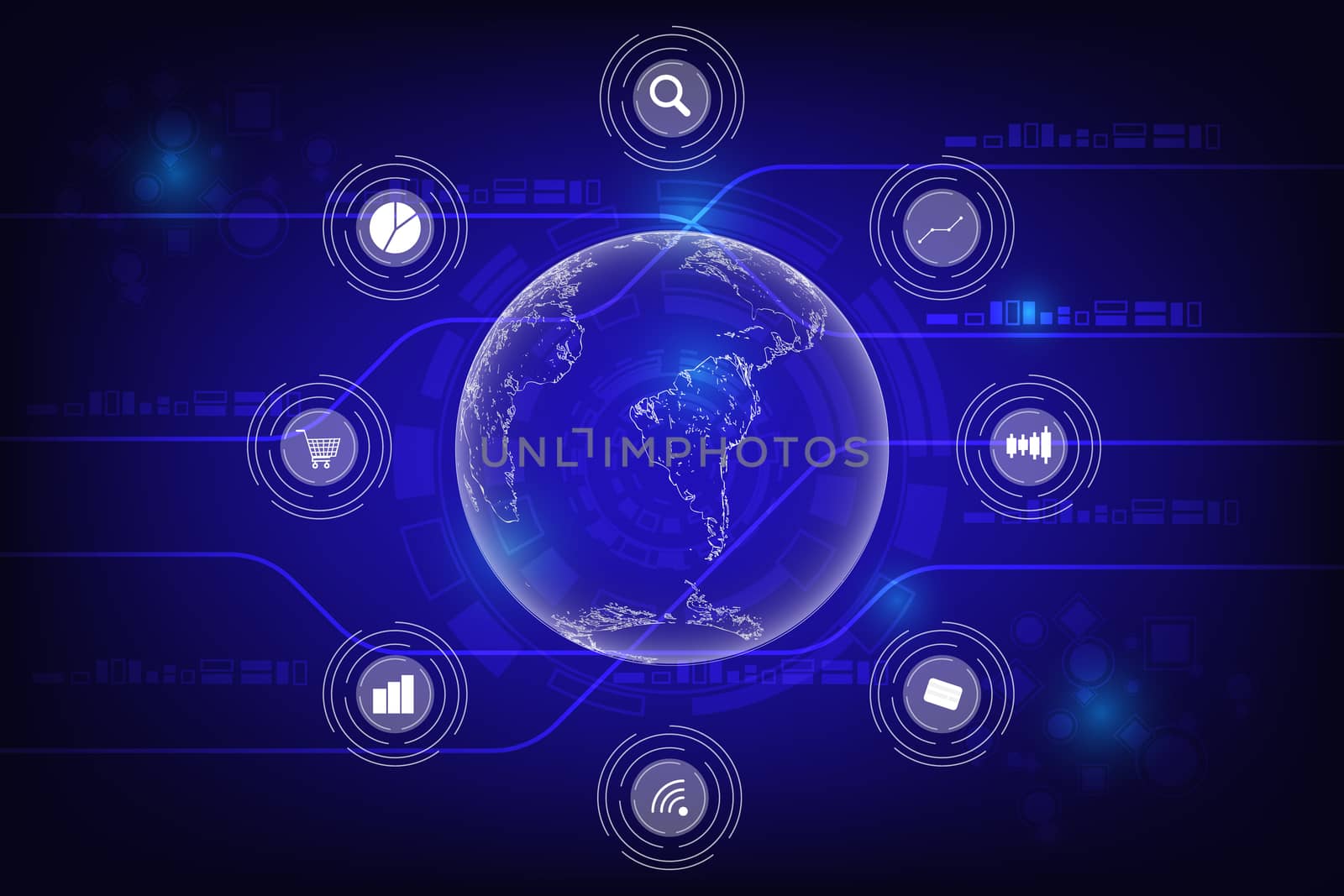 Communication and network concept. Transparent earth with application and icon on virtual screen and blue background technology.