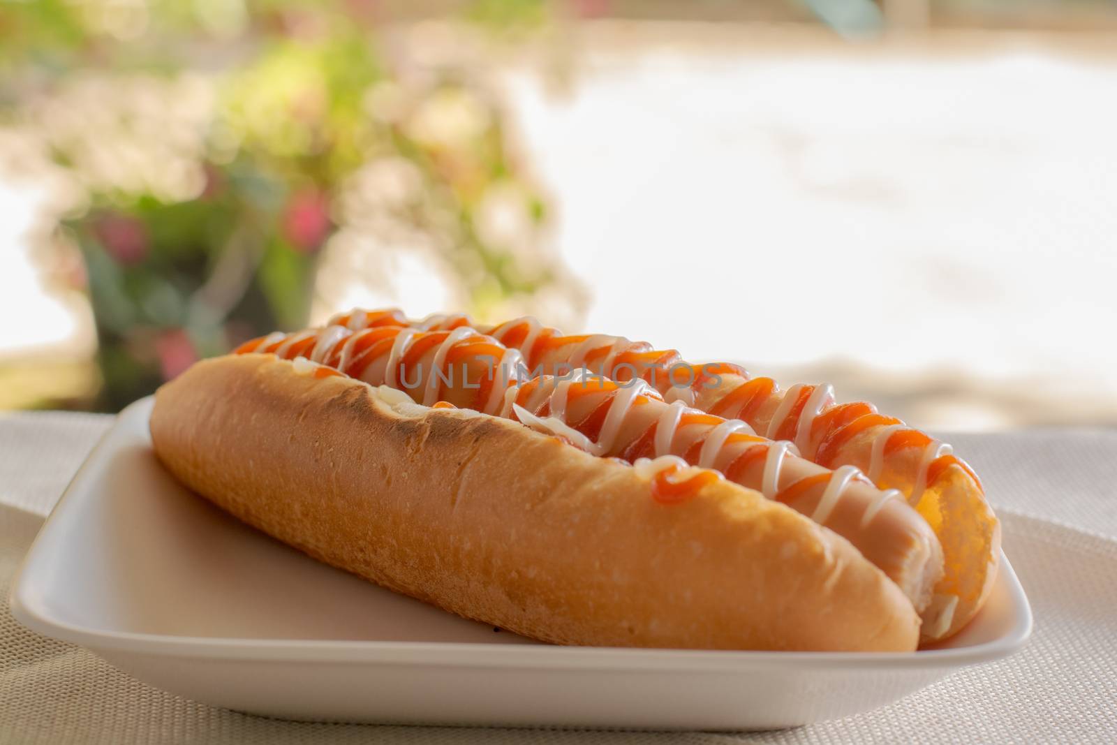 Hot dog with bun and ketchup, mayonnaise on white plate. Sausage sandwich for lunch. Fast food concept.