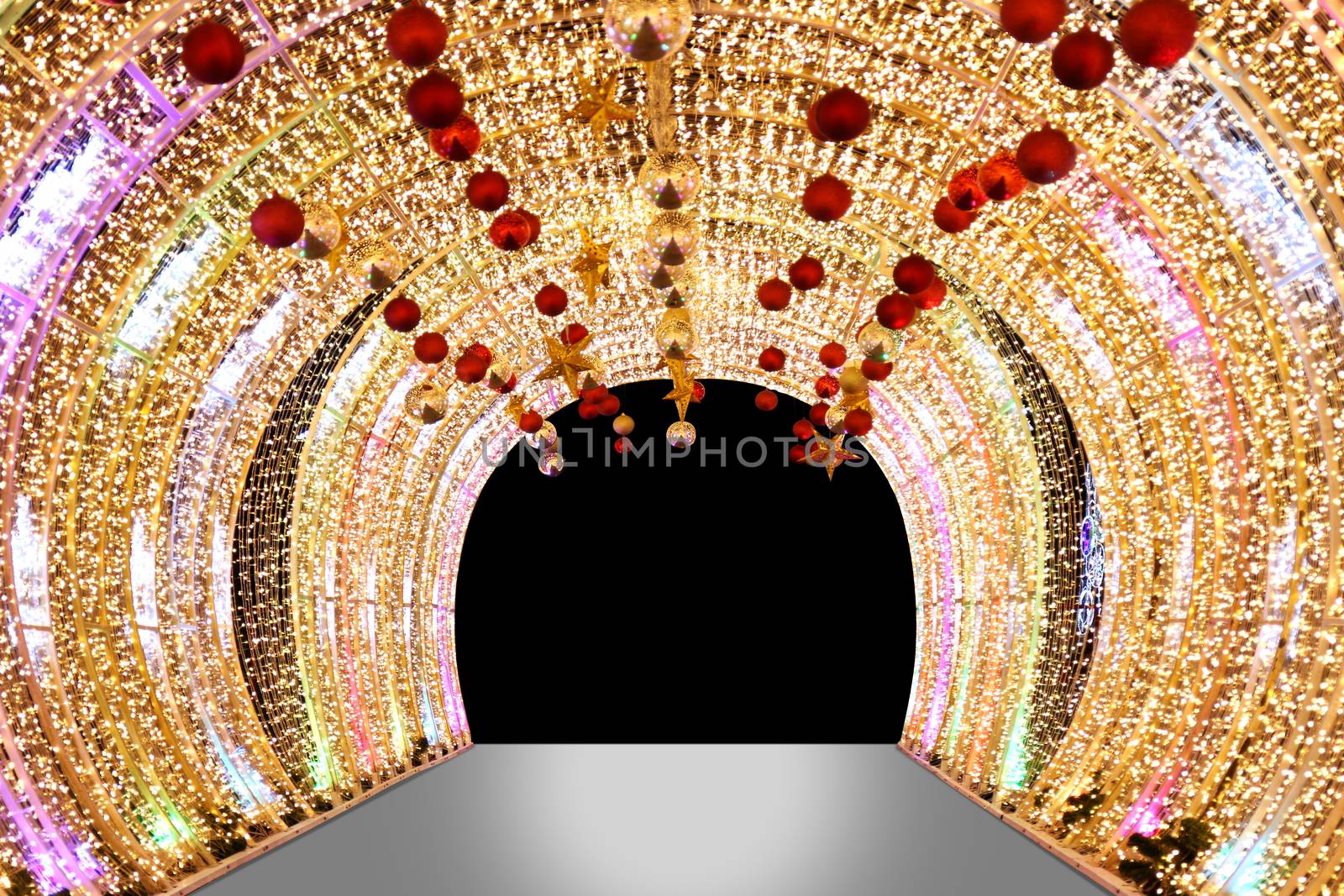 Arch bokeh gold, Blurred arch Bokeh golden light background night arch of lamps LED colorful yellow shine, Backdrop arch door light glitter gold luxury decoration merry christmas and Happy new year