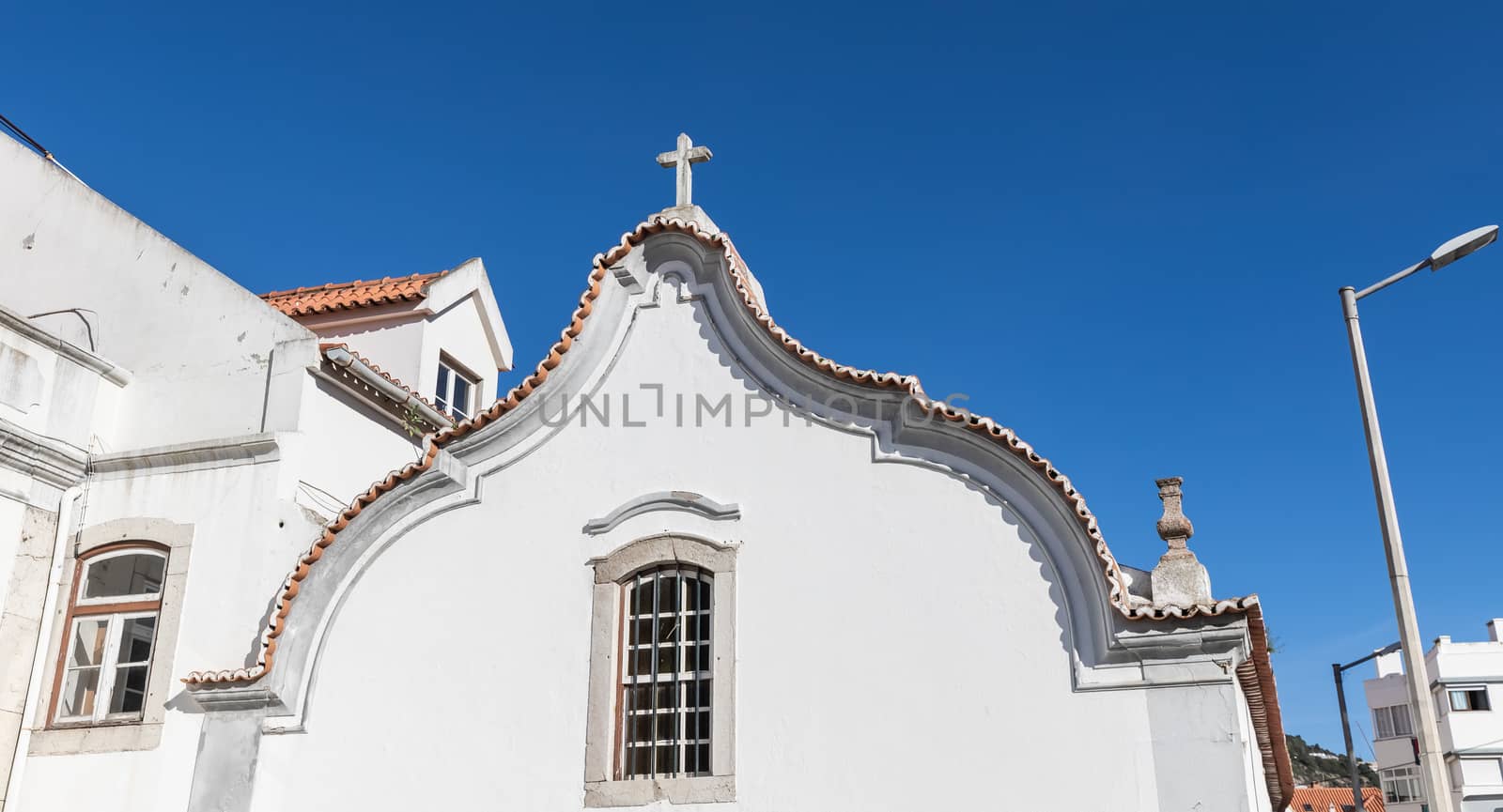 Architecture detail of the Chapel of Misericorde (Capela Da Misericordia) in the city center of Sesimbra, Portugal