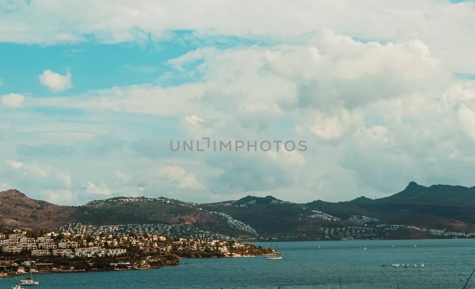 Mediterranean coast and cloudy sky, beautiful panoramic sea view and coastal nature scene