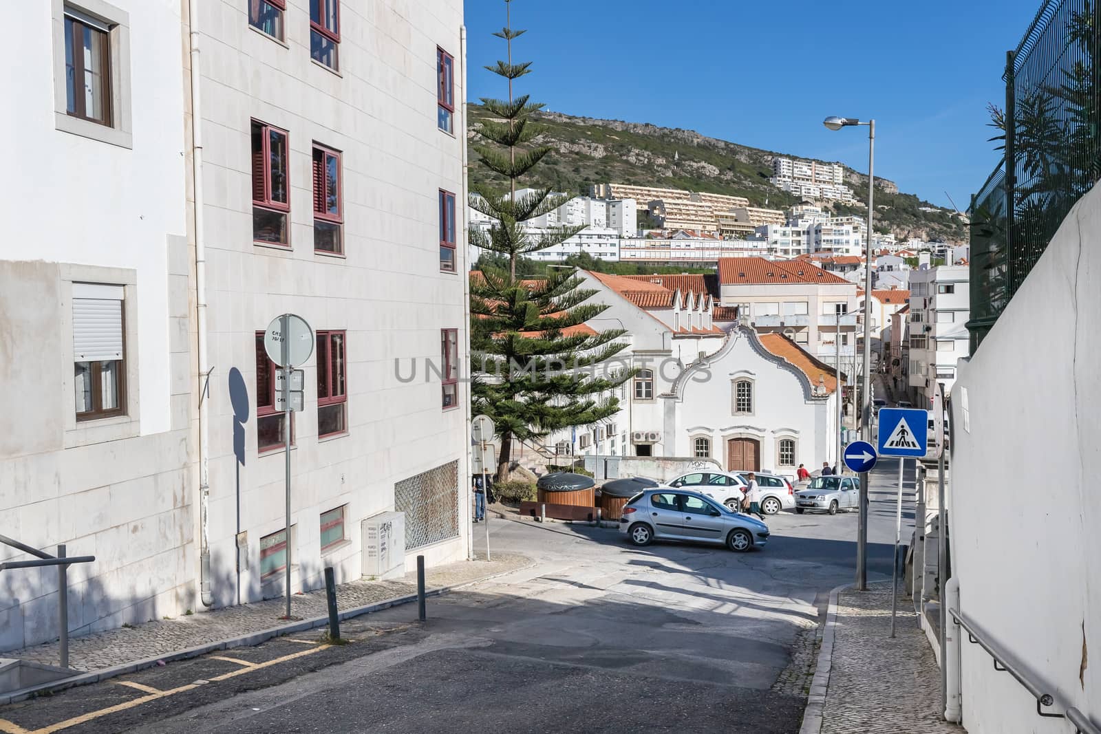 Sesimbra, Portugal - February 19, 2020: Architecture detail of house and typical building in the city center on a winter day