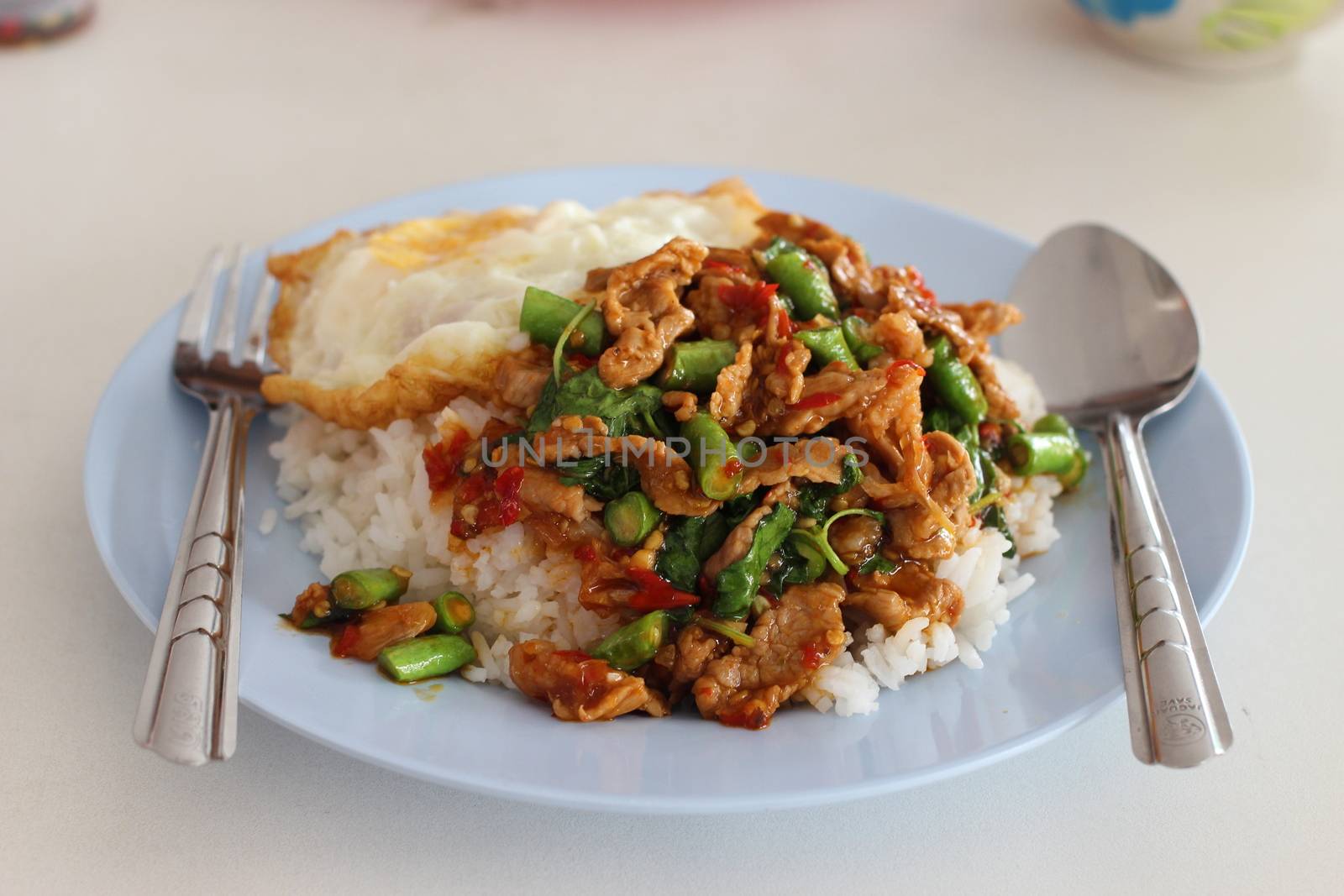 Kao-Pad-Kra-Prao, spicy food, chili food, or Thai rice with pork and basil, Thailand street food