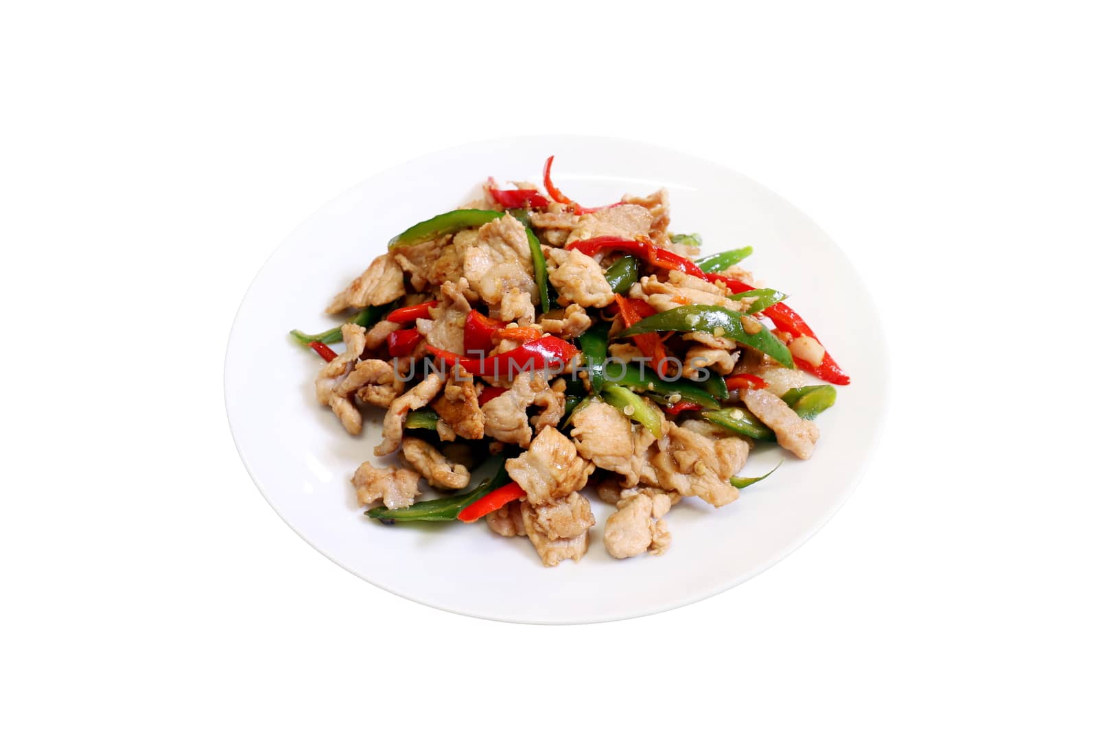 spicy food, chili food, Fried sweet pepper with pork, Fried chili paste with pork, meat, Salted pork with chili cooking oil & Basil leaves on top white dish thai food on white background