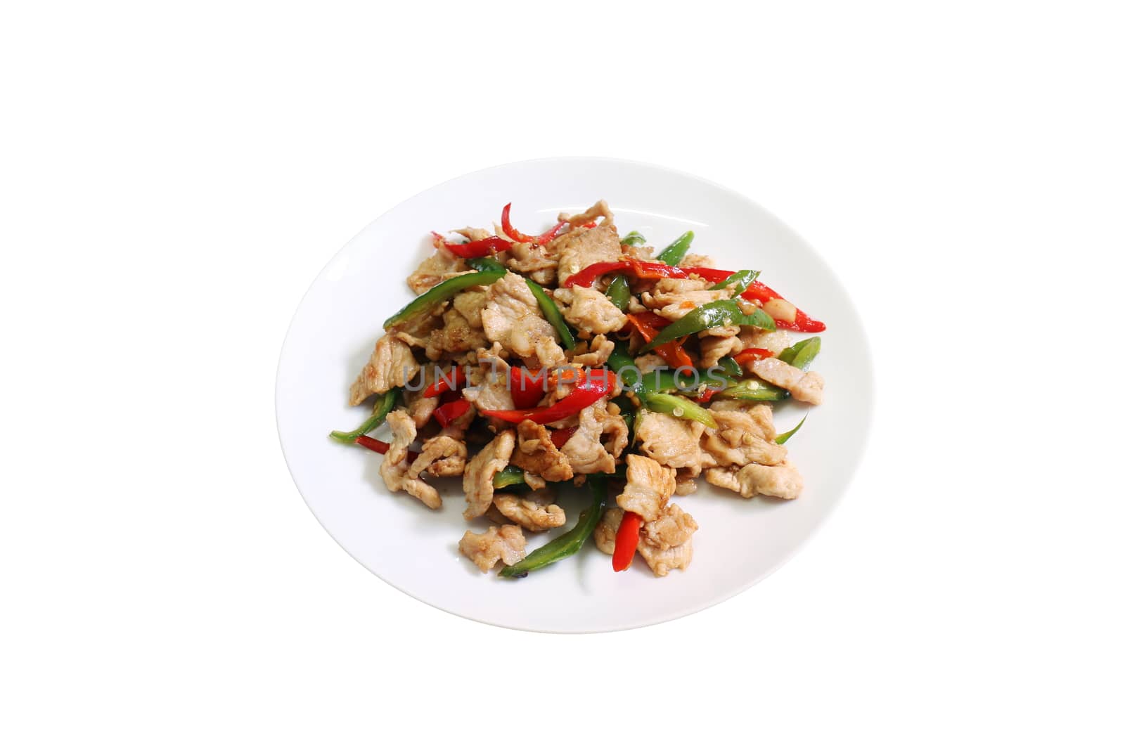 spicy food, chili food, Fried sweet pepper with pork, Fried chili paste with pork, meat, Salted pork with chili cooking oil & Basil leaves on top white dish thai food on white background