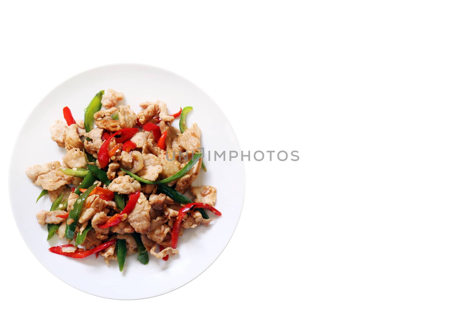spicy food, chili food, Fried sweet pepper with pork, Fried chili paste with pork, meat, Salted pork with chili cooking oil & Basil leaves on top white dish thai food on white background