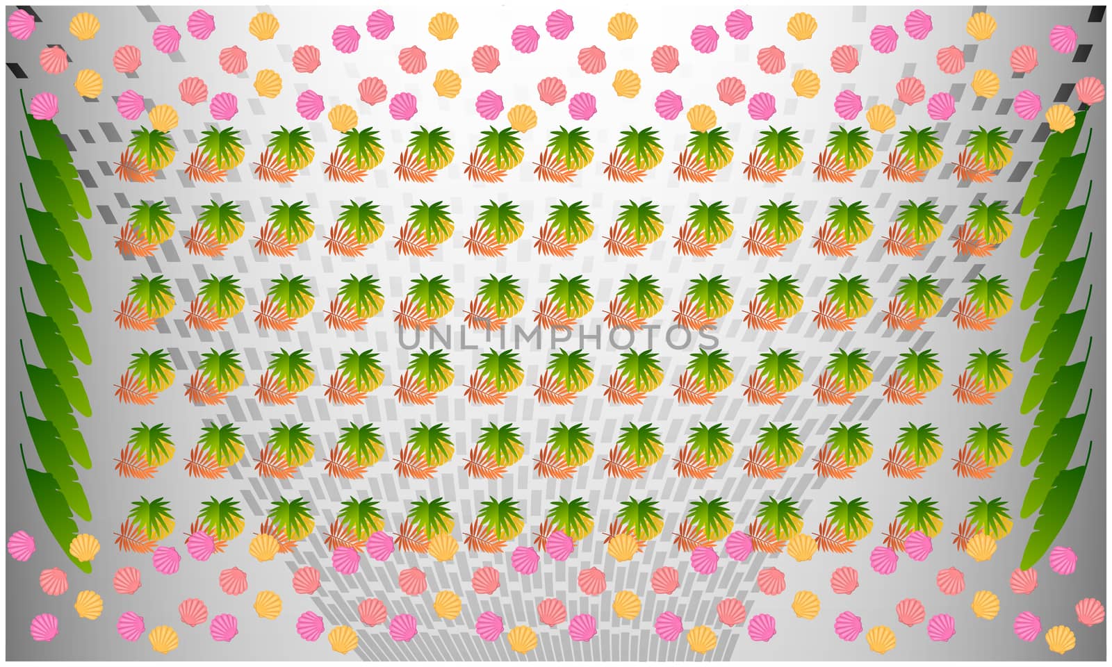 digital textile design of different leaves with borders on abstract background