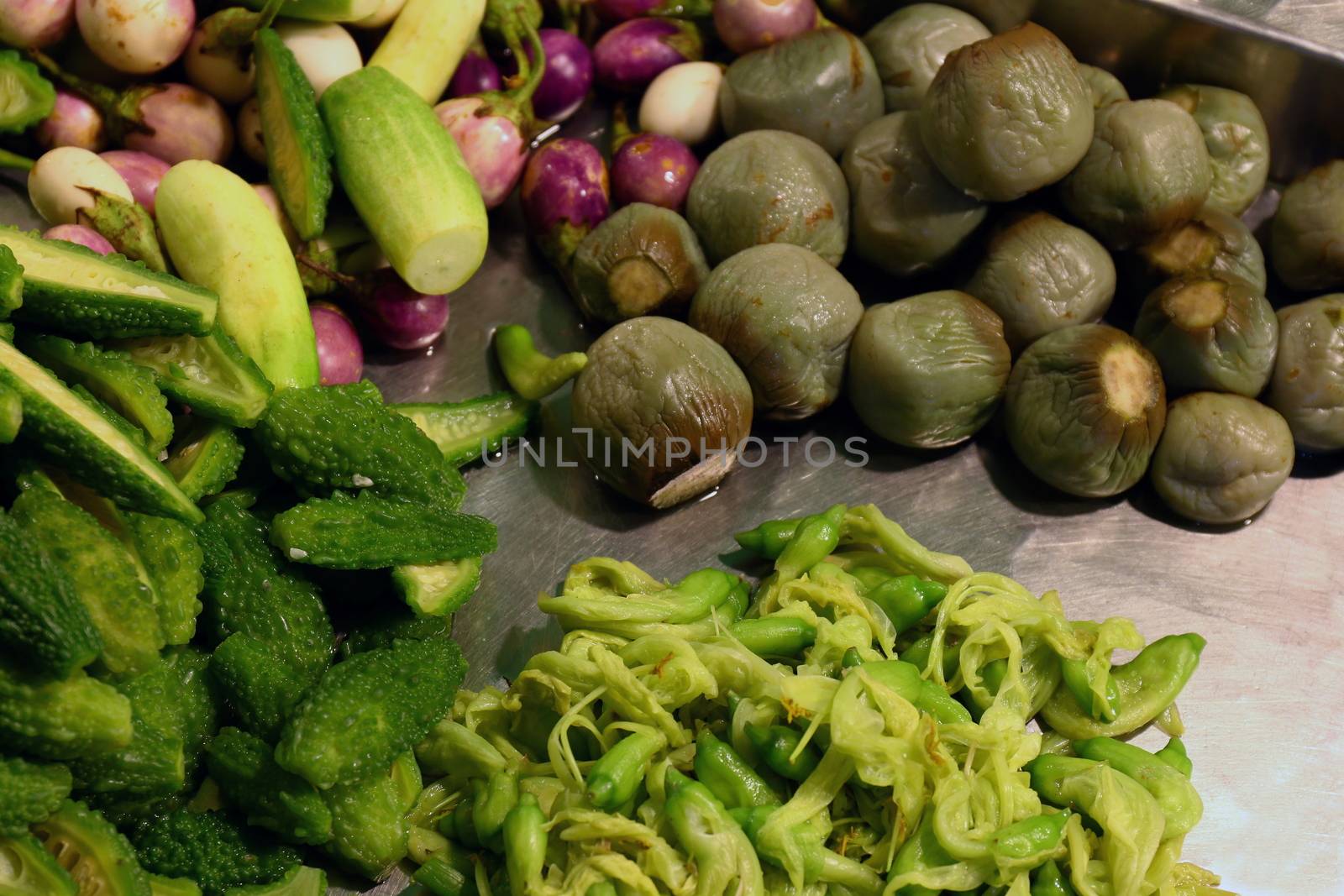 Vegetable, Pile many boiled vegetables in the night market Thailand