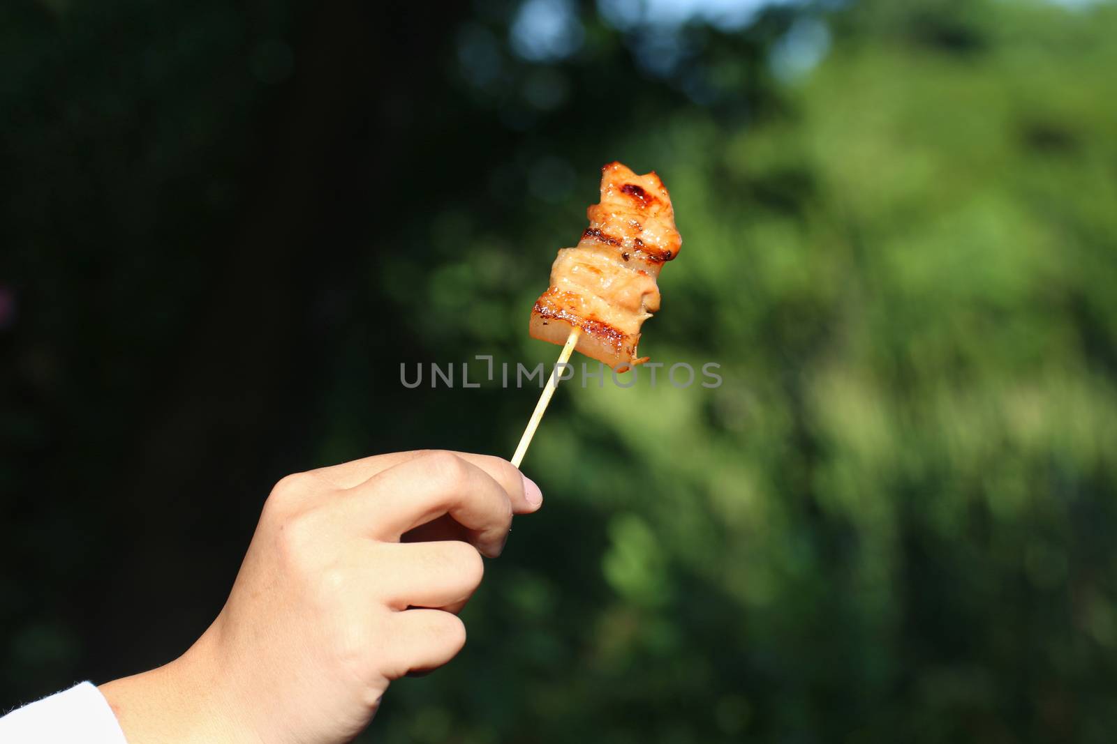 Moo ping (Thai word), Thai styled pork babeque, easy fast food and food street morning time Asia, BBQ on hand