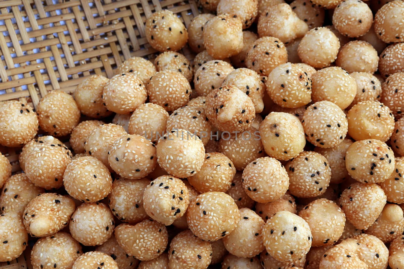 Fried Mung Bean Stuffed Balls, Thai snack Pastry Swan egg with sesame seeds (Kanom Kai Hong), (Khanom Khai Hong) Thai word