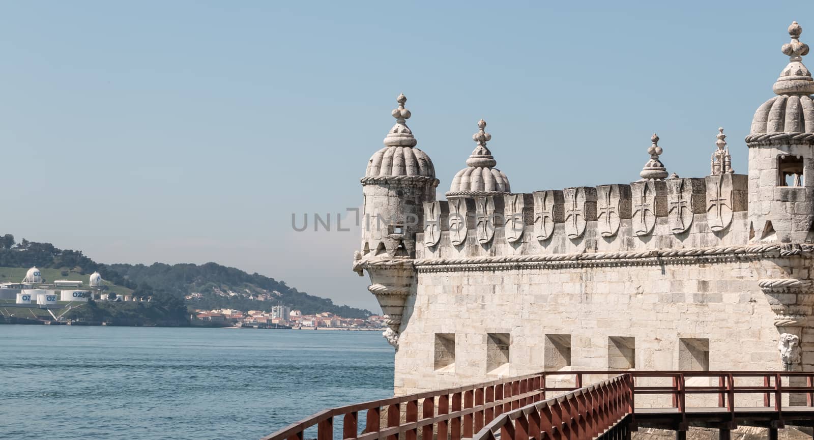 Lisbon, Portugal - May 7, 2018: architectural detail of the Belem tower (torre de Belem) on a spring day