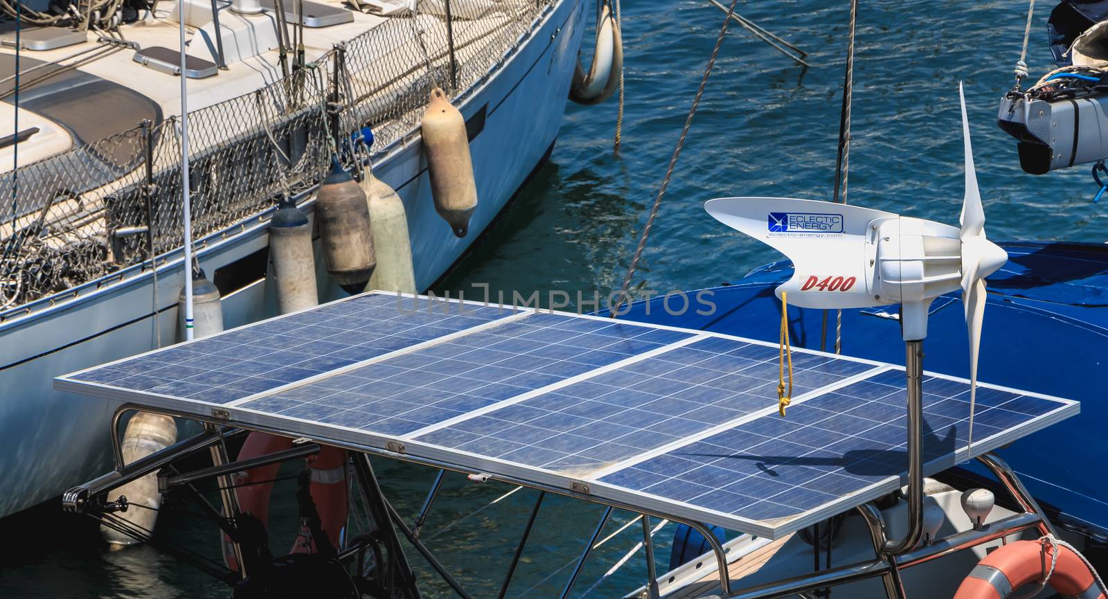 Barcelona, Spain - June 21, 2017: photovoltaic panel on a sailboat in the city harbor on a summer day