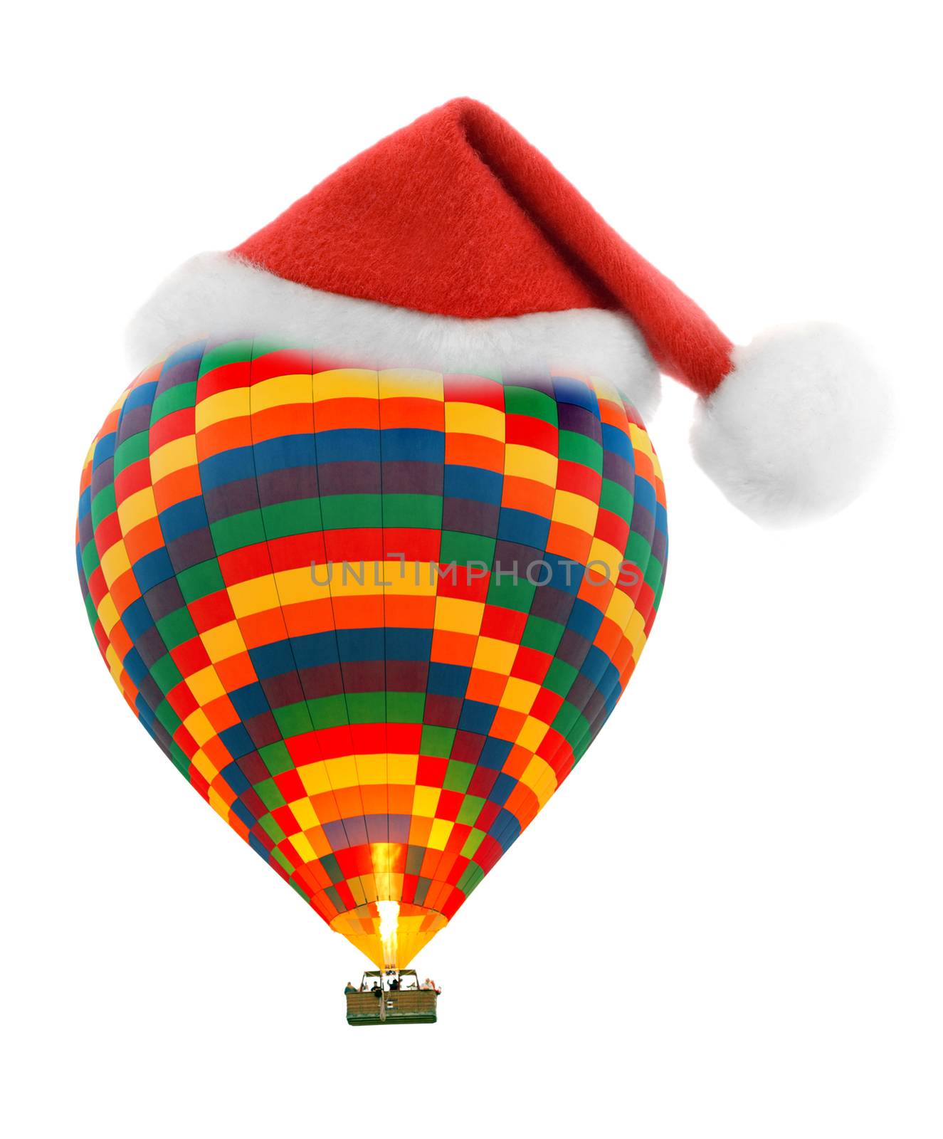Santa hat on Hot air xmas colorful balloon isolated on white background