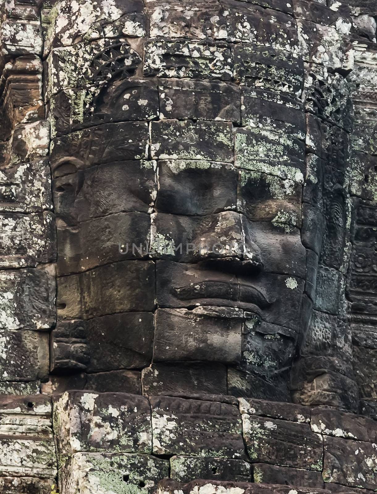 Stone smiling Faces of king Bayon Temple Angkor Thom, Cambodia. Ancient civilization monument Khmer architecture Kampuchea.