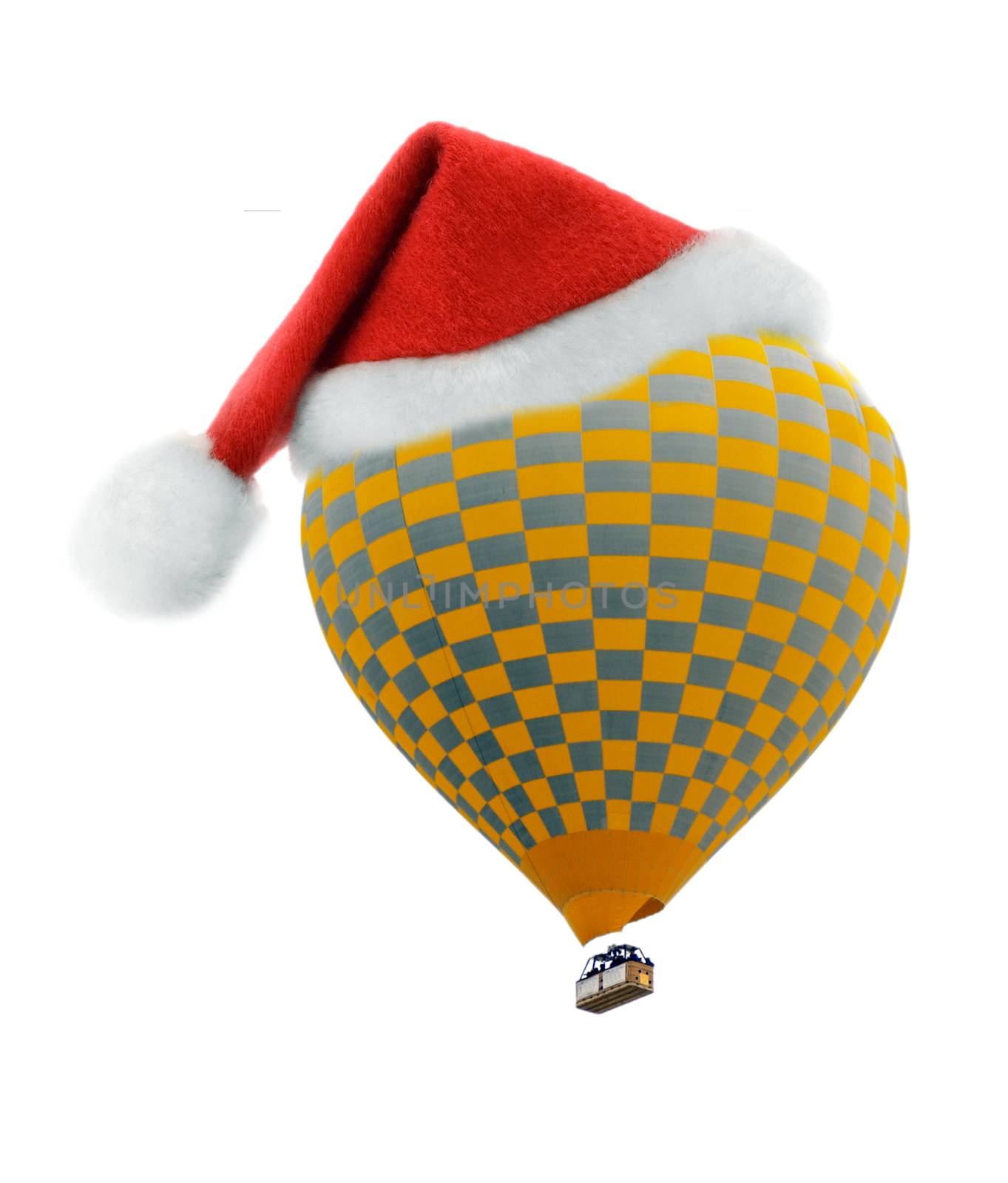 Red Santa hat on Hot air xmas balloon isolated on white background