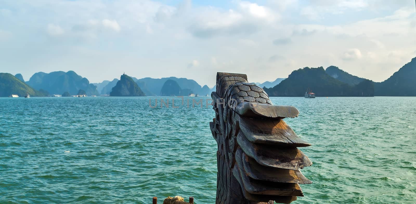 Ha Long bay green island Halong mountains Vietnam. Dragon boat by Vladyslav