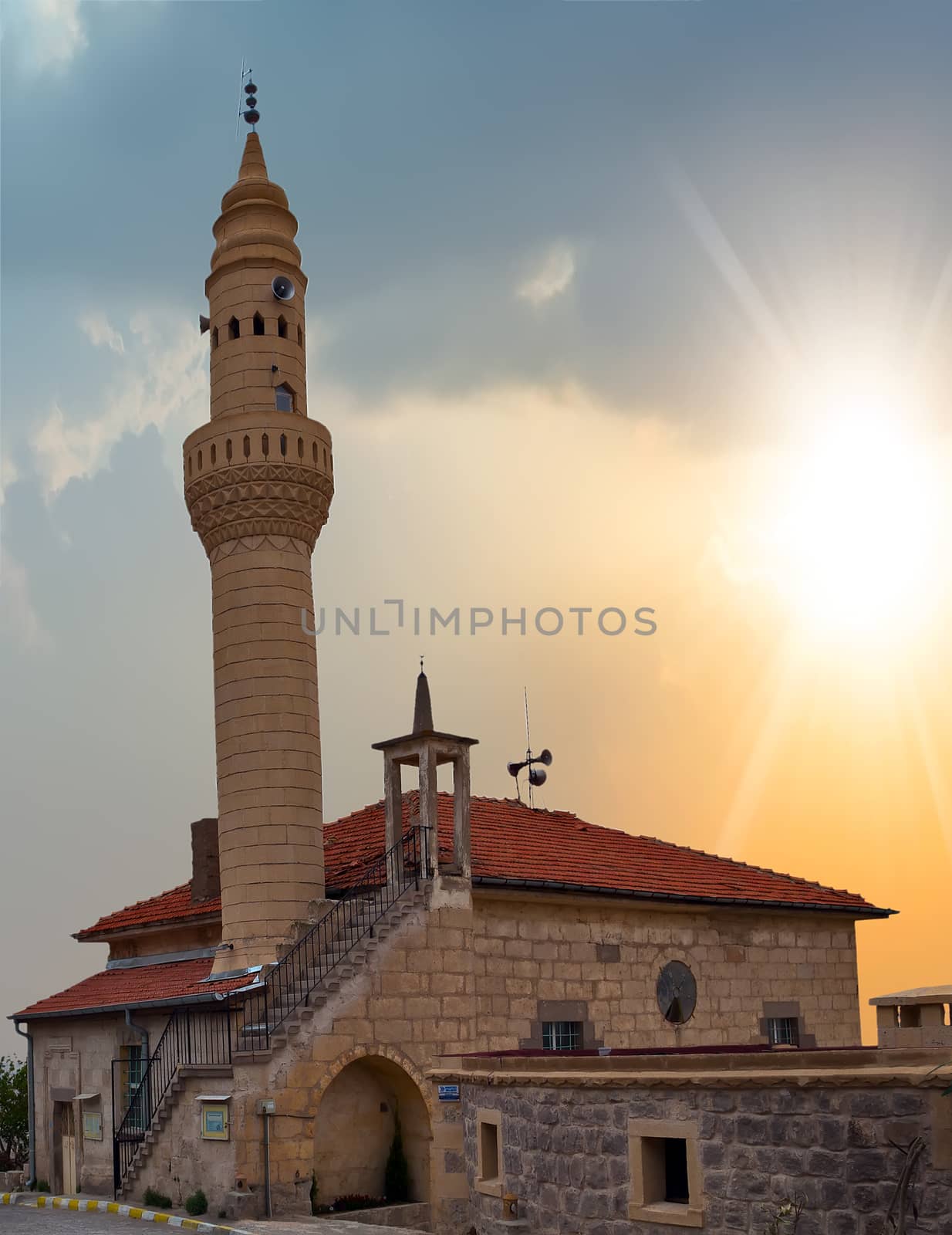 minarets is best touristic destination, sunrise in the Cappadocia mountain rock scenery, Anatolia, Turkey, Goreme