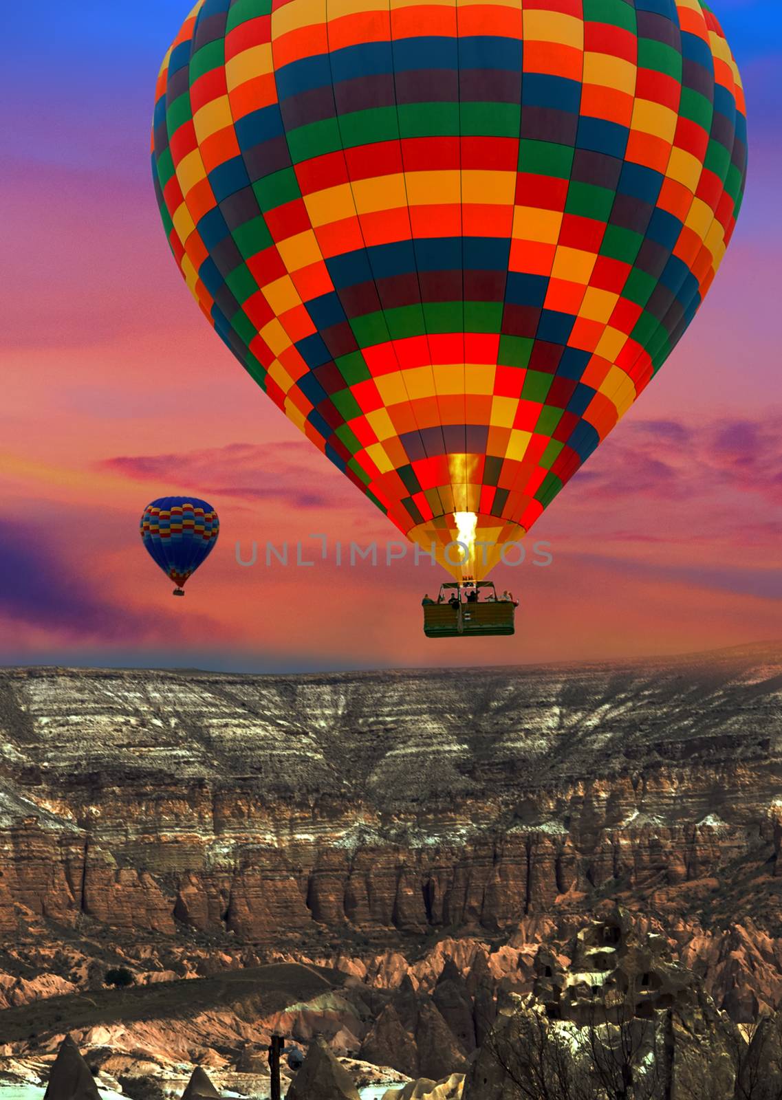 Hot air balloon flying mountain valley Rock Sites of Cappadocia Turkey Travel Tourism