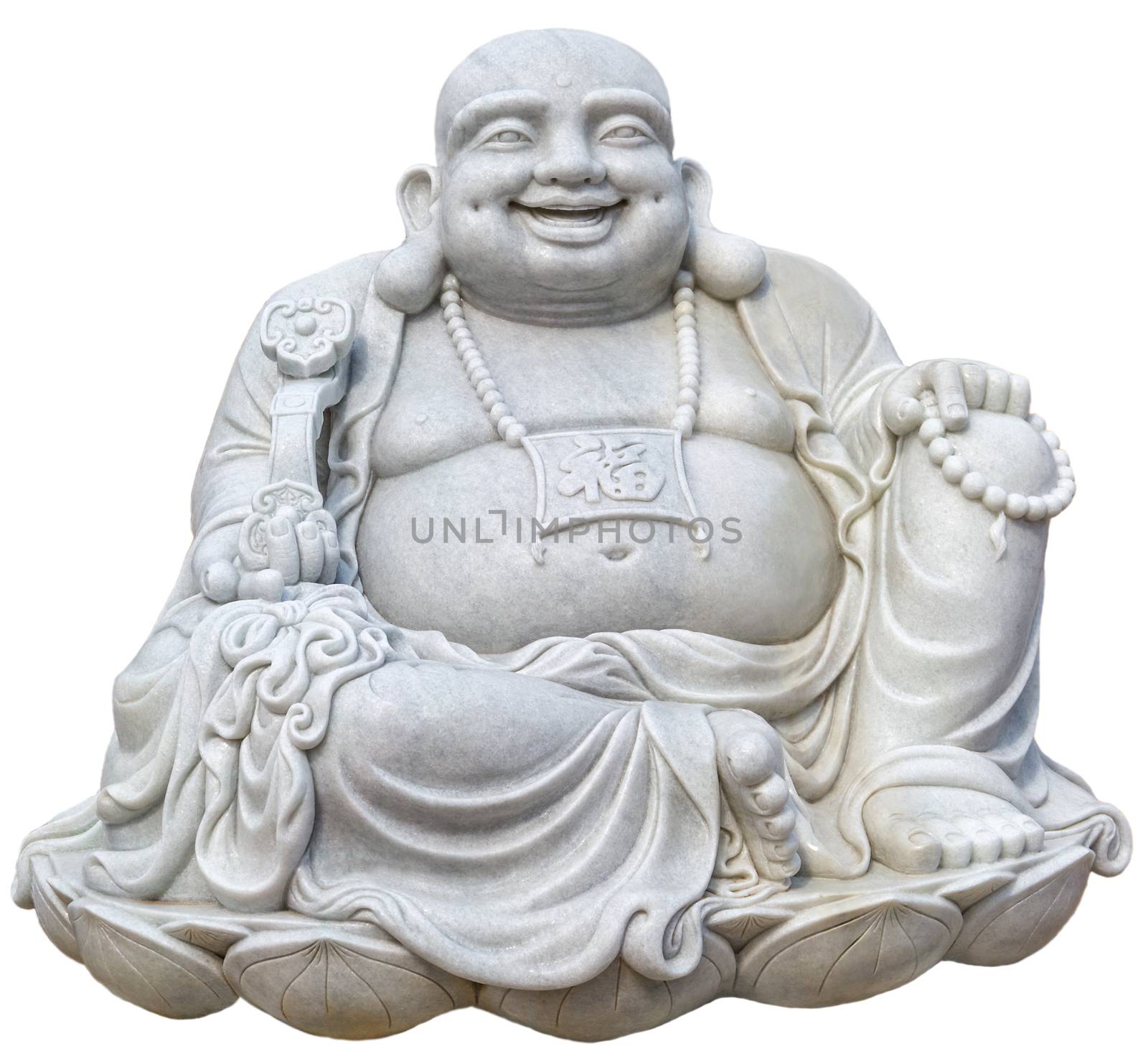 Sitting Smiling Buddha, Oriental ceramic figurine netsuke isolated on white background