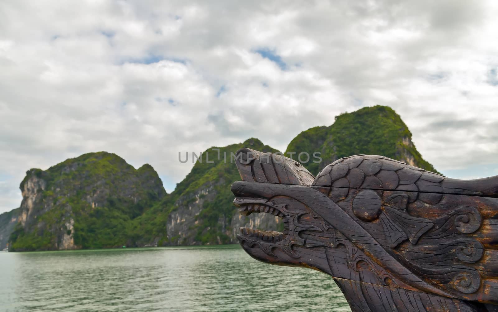 Dragon boat Ha Long bay islands Halong mountains in South China Sea, Vietnam. UNESCO World Heritage Site Asia.