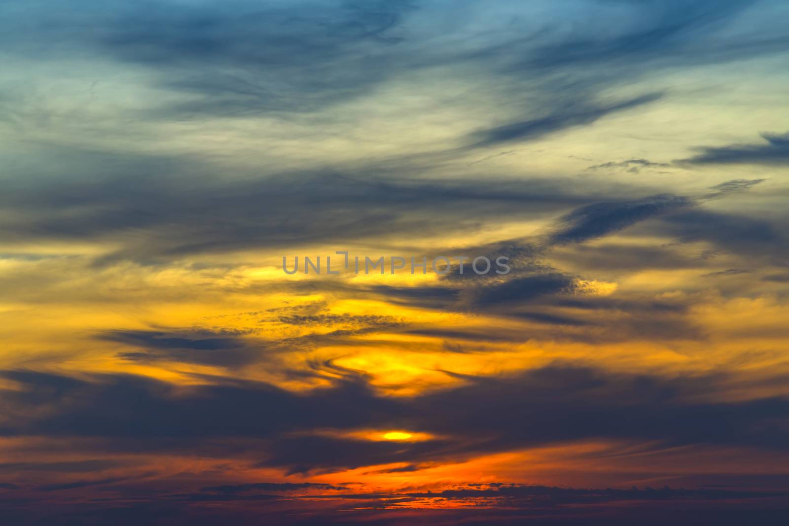 Sky background.Fantastic dreamy sunrise, bright blue skies and colorful clouds, landscape at sunrise.
