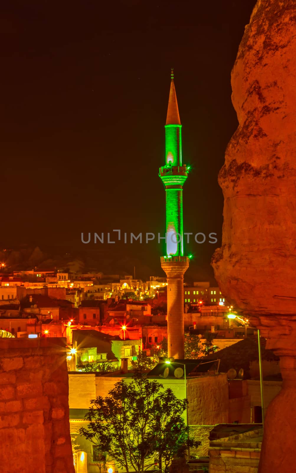 minarets is best touristic destination night Goreme, landscape Cappadocia Turkey