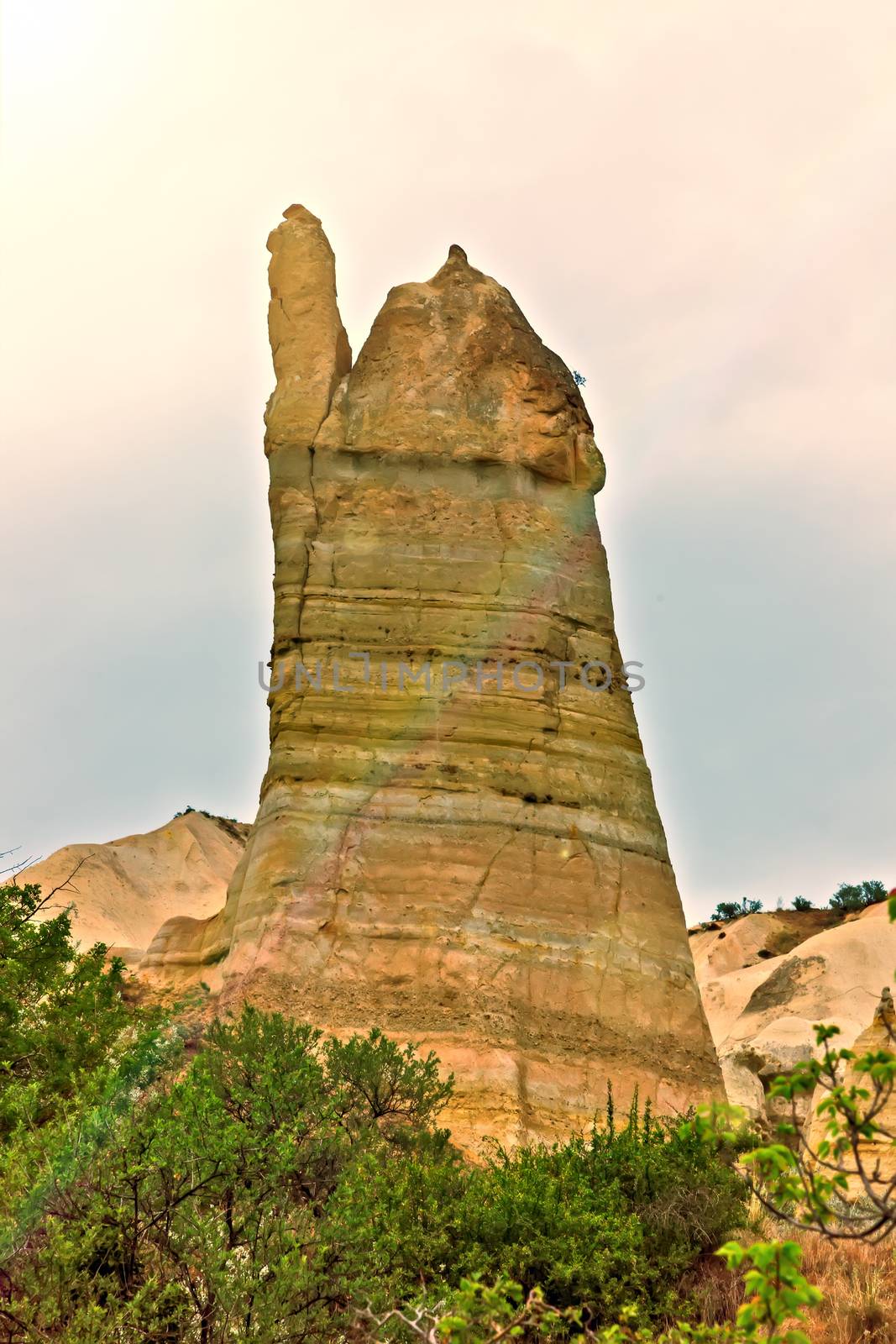 Love valley needles striped, Volcanic tuff named phallic rock pillar. Rocky landscape of Cappadocia in Turkey