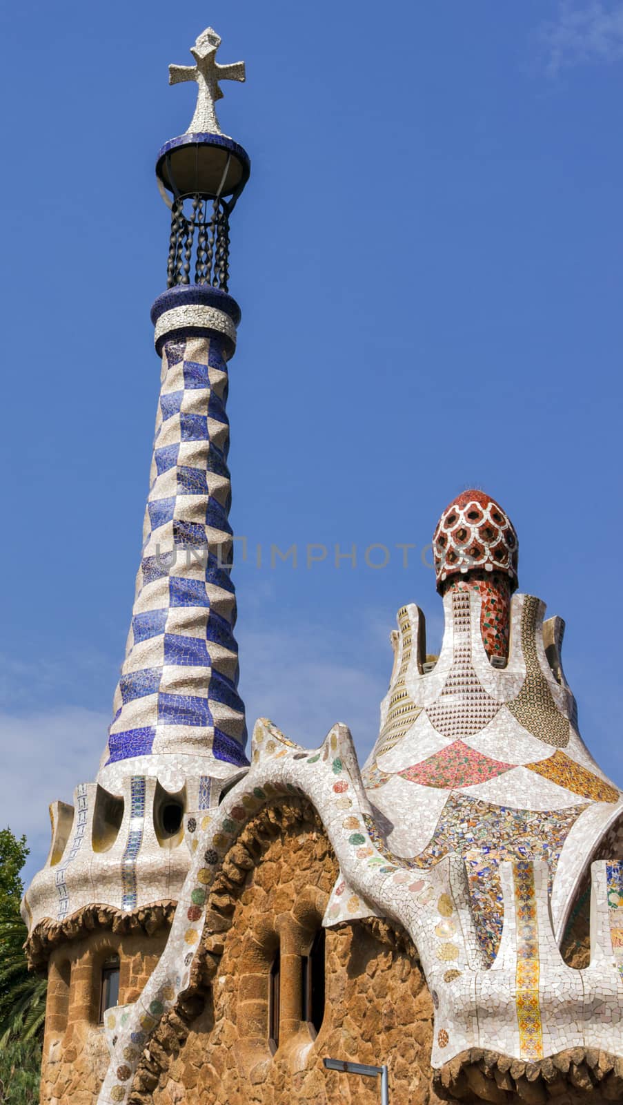 The entrance of Park Guell with the famous mosaics of Antonio Gaudi located on Carmel Hill, Barcelona, Catalonia,Spain.