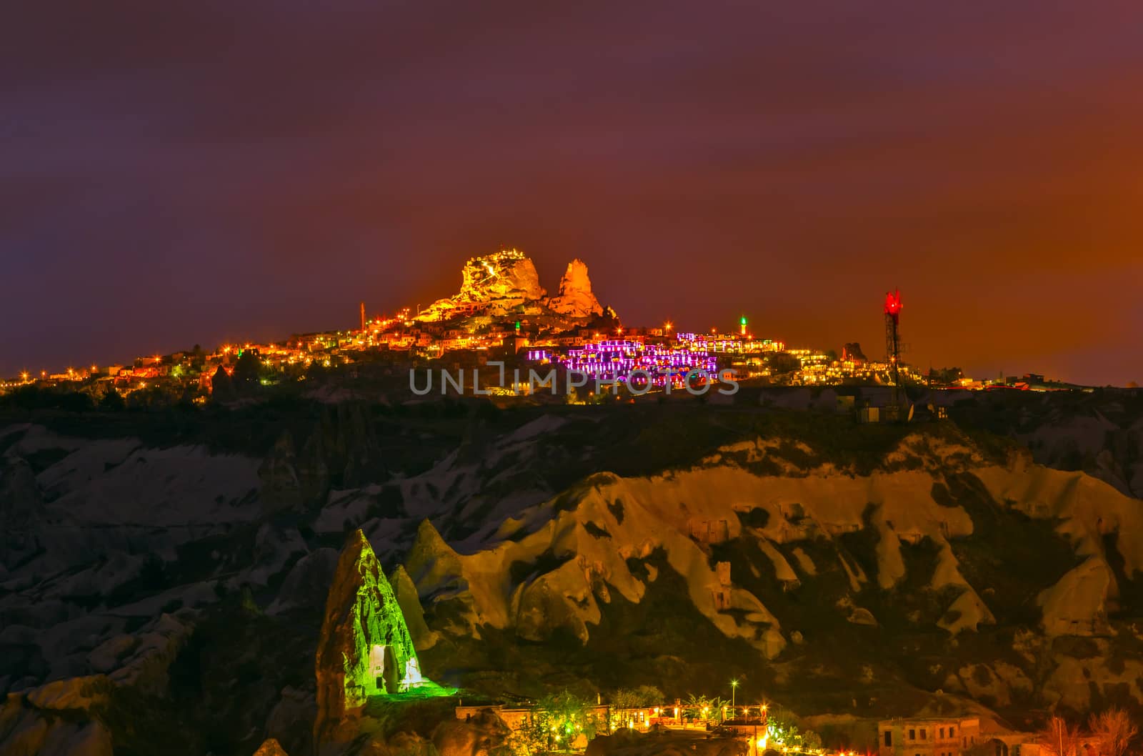 night Ancient town and a castle of Uchisar, landscape Cappadocia Turkey