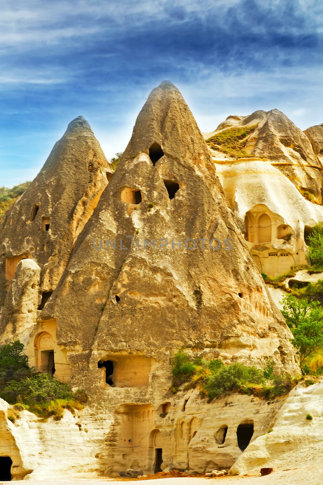 valley at Cappadocia, Turkey. Volcanic mountains in Goreme national park