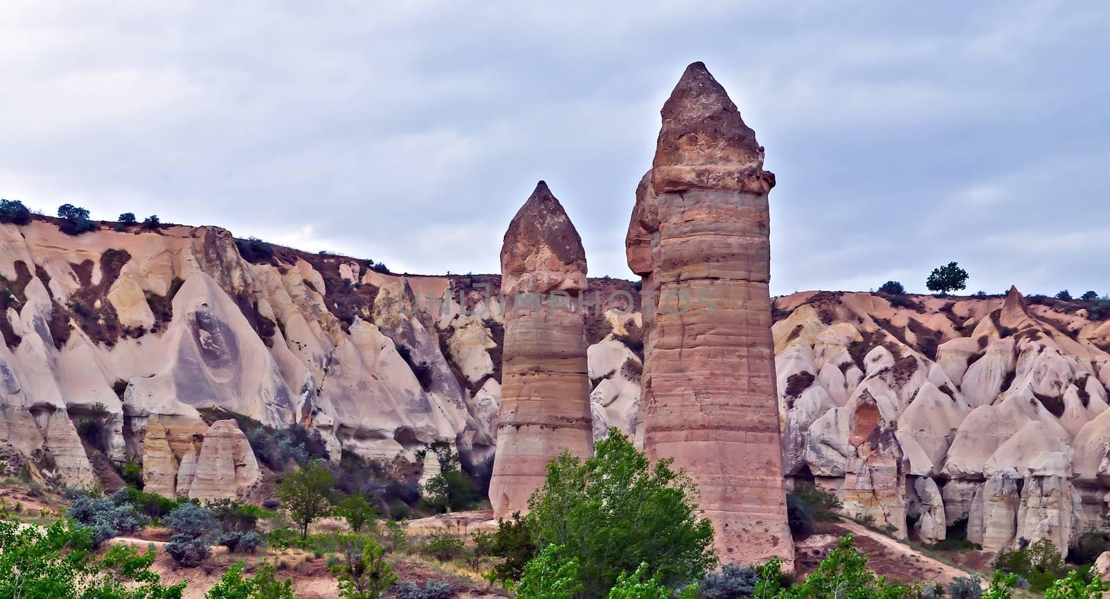 Rock volcanic formations Stone columns, mountain Love valley landscape, Turkey, Cappadocia. Goreme national park.