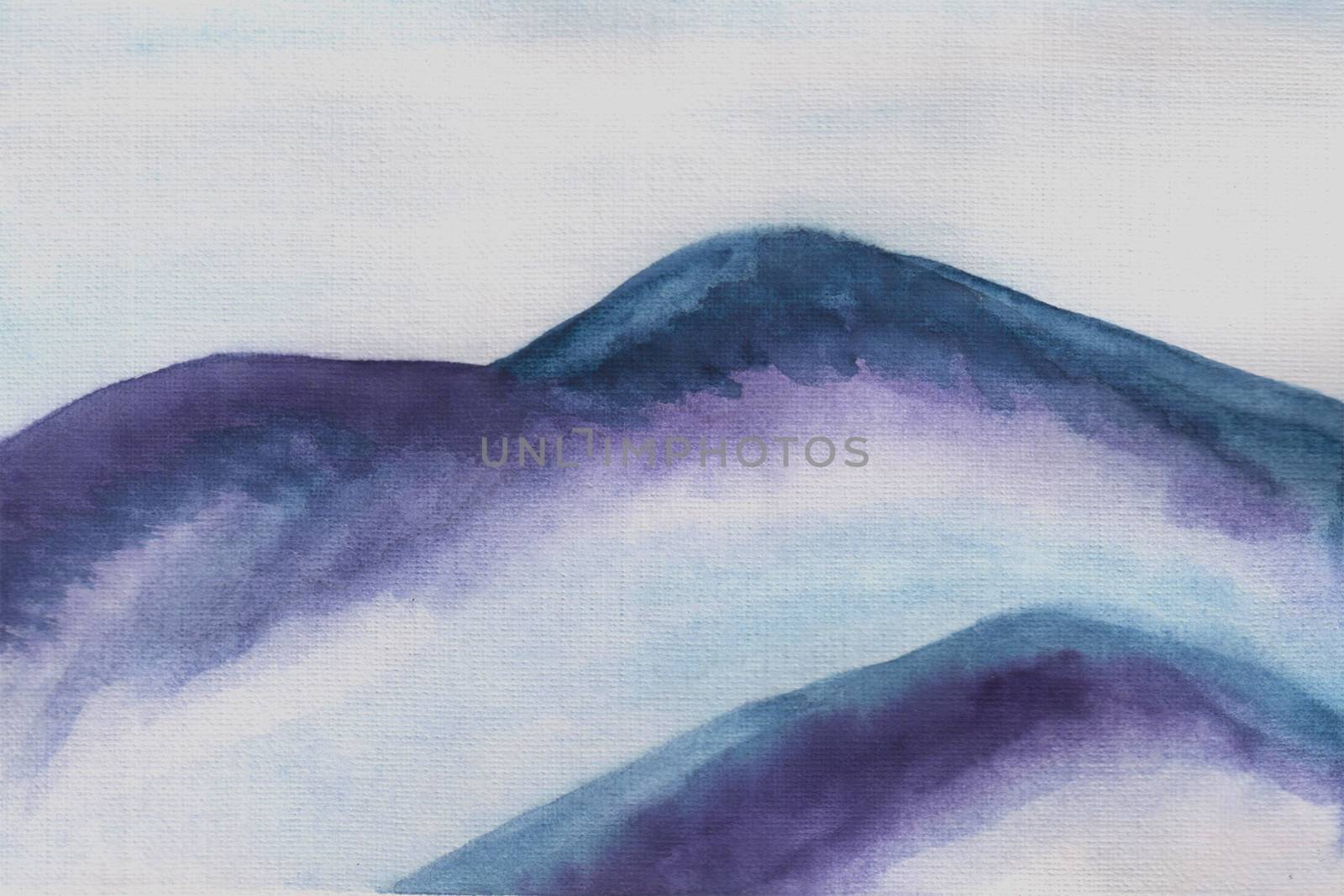 Watercolor blue mountains illustration. Watercolor abstract background with mountains against the sky.