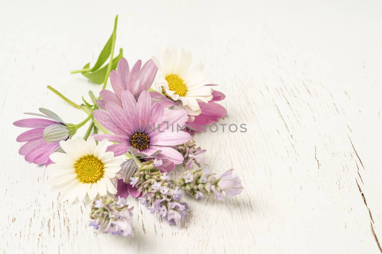 colorful bouquet of spring flowers on a wooden table with copy space