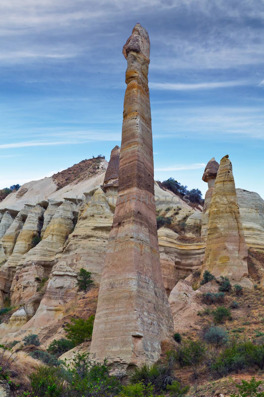 Rock volcanic formations Stone columns, mountain Love valley landscape, Turkey, Cappadocia. Goreme national park.