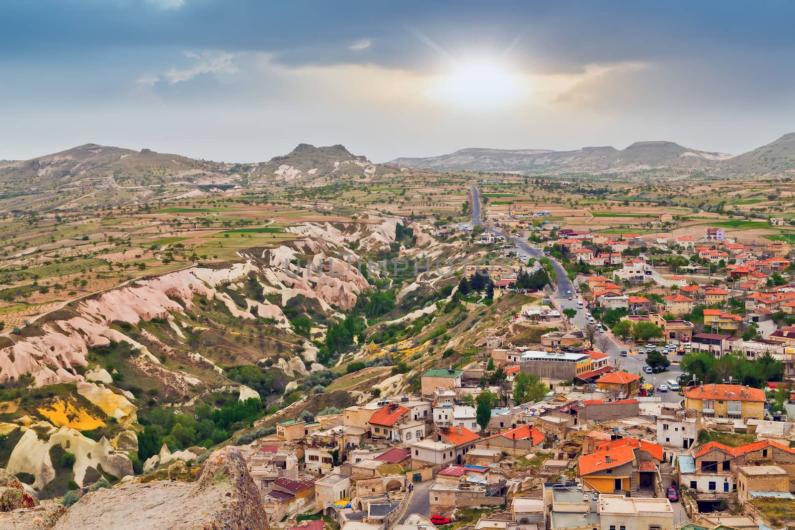 Goreme village, Turkey. Rural Cappadocia landscape. Stone houses in Goreme, Cappadocia. Countryside lifestyle.