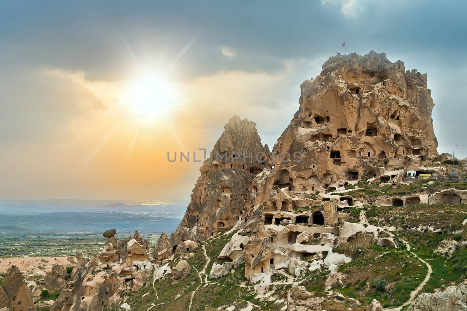 sun castle in rock formation landscapef Cappadocia. Nevsehir Province. Turkey Travel background